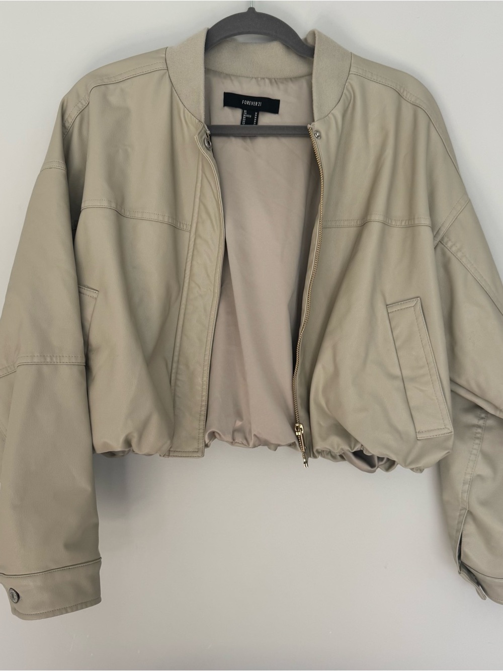 Forever 21 Women's Beige Faux Leather Bomber Jacket